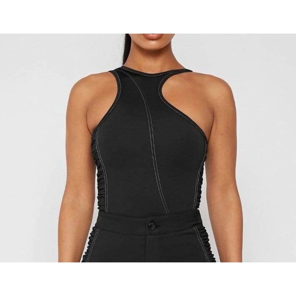 Manière De Voir Asymmetrical Cut-Out Ruched Black Bodysuit Size 12 MDV